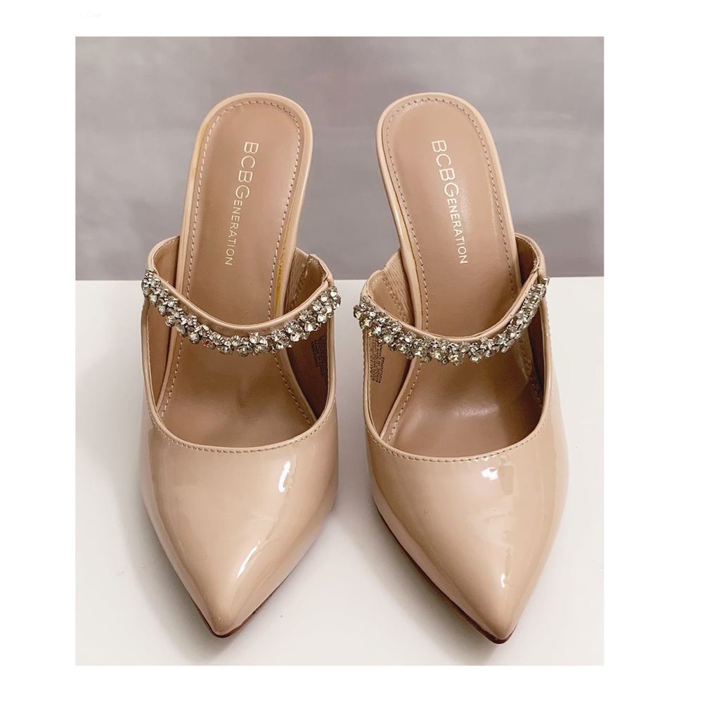 New BCBG Generation Nude Faux Patent Leather Embellished Crystal Strap Heels
